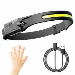 COB LED Headlamp Sensor Headlight with Built-in Battery Flashlight USB Rechargeable Head Lamp Torch 5 Lighting Modes