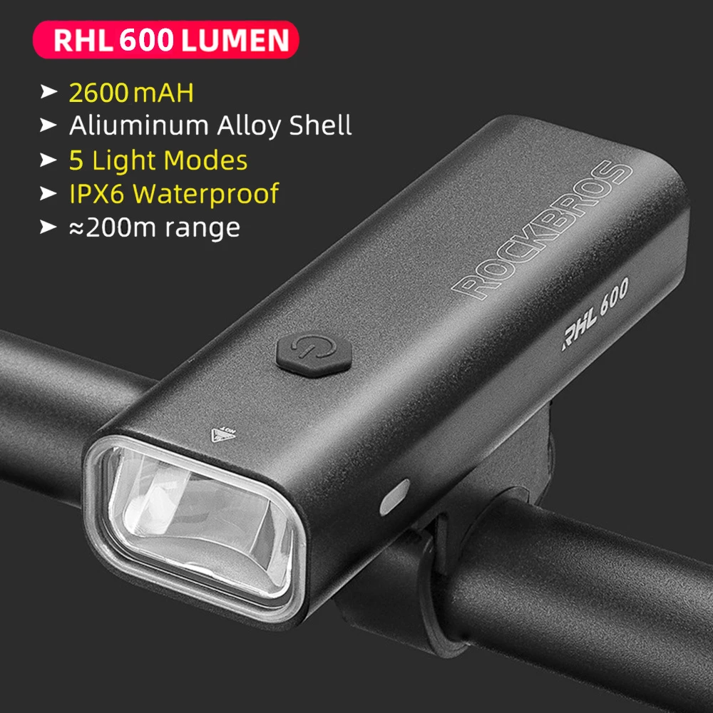 ROCKBROS Bicycle Light 600 Lumen 2600mAh Bike Headlight 5 Lightning Modes 200m Long Shot - Black 2 ROCKBROS Bicycle Light 600 Lumen 2600mAh Bike Headlight 5 Lightning Modes 200m Long Shot - Black - Image 2